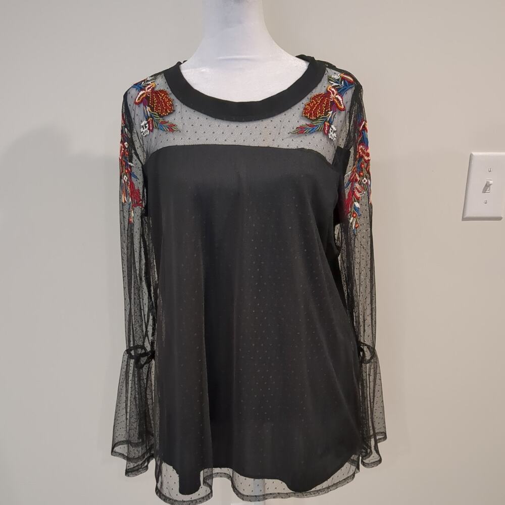 NY Collection Black Mesh Floral Embroidered Bell Sleeve Top Large Whimsigoth